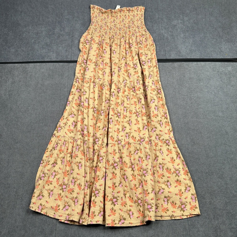 Route 66 Floral Maxi Skirt Tan Pink Orange Smocked Tiered Boho Cottagecore Y2k